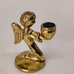 Angel Kneeling Candle Holder Gold Tone Metal Miniature Religious Decor 1.75"T